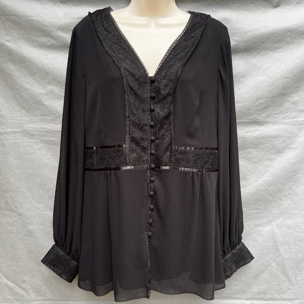 Nine West Size 10 Black Lace V-Neck Long Sleeves Y2K 2000s Shirt Blouse Top Fall